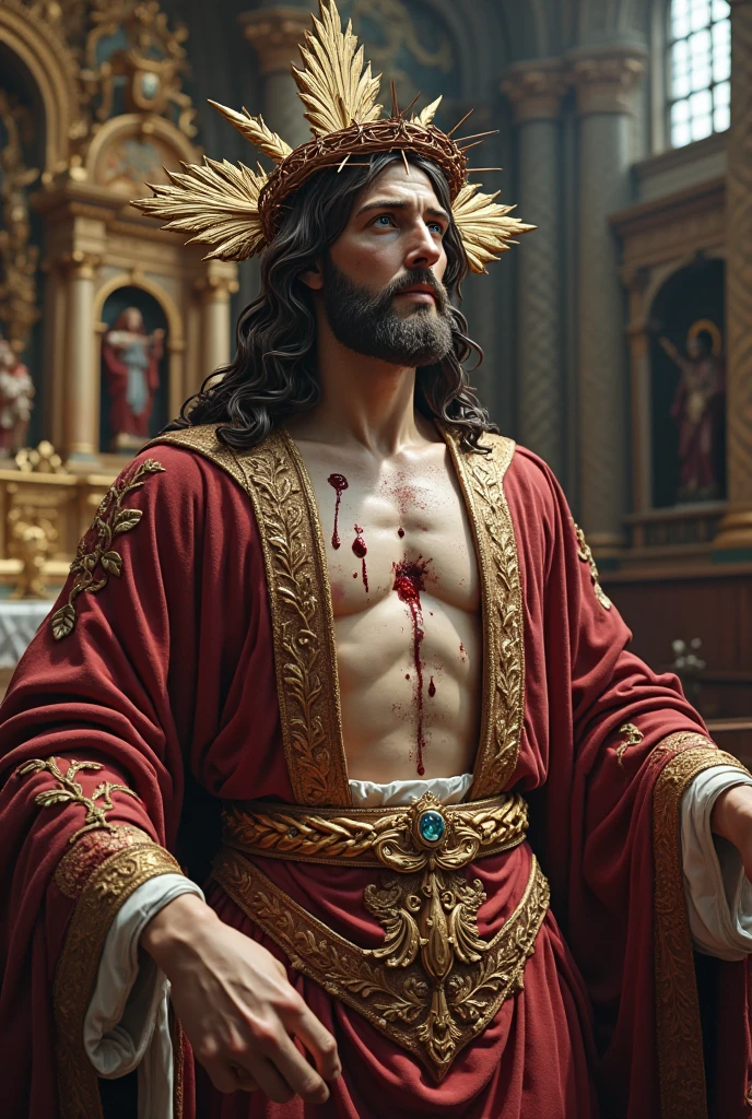 Jesus, o Filho de Deus, estava pregado na cruz, on a hill called Golgotha. His arms were open and his hands pierced by the nails, while his feet were also nailed to the wood. His head was crowned with thorns, causando-lhe grande dor. Seu corpo estava nu e ferido por chicotadas anteriores. Sua face estava cheia de tristeza e sofrimento, but also of love and compassion for sinners. Ao redor da cruz, estavam os soldados romanos, que zombavam e escarneciam dele. Jesus, Even in the midst of your agony, He showed forgiveness and mercy, ao proferir palavras como "Pai, perdoa-lhes, for they do not know what they do". Na cruz, He was giving His life as a sacrifice for the sins of mankind, so that all might be reconciled to God. His death on the cross is a symbol of unconditional love, redemption and hope for all those who believe in him.