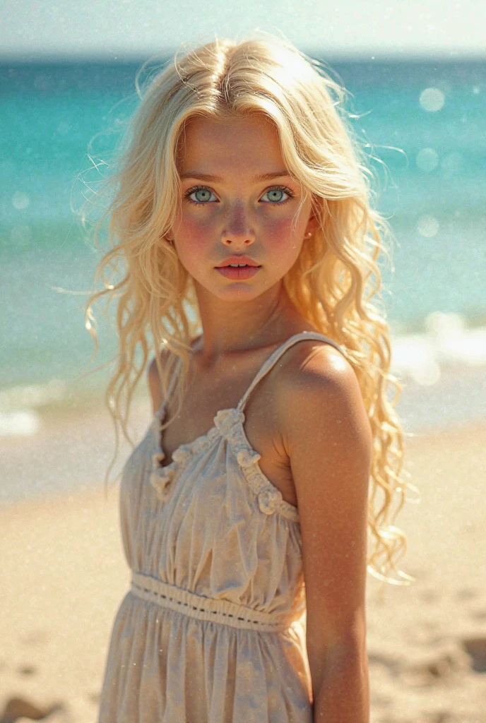 Pretty 13 year old girl with long wavy blonde hair wearing a light blue dress on the beach