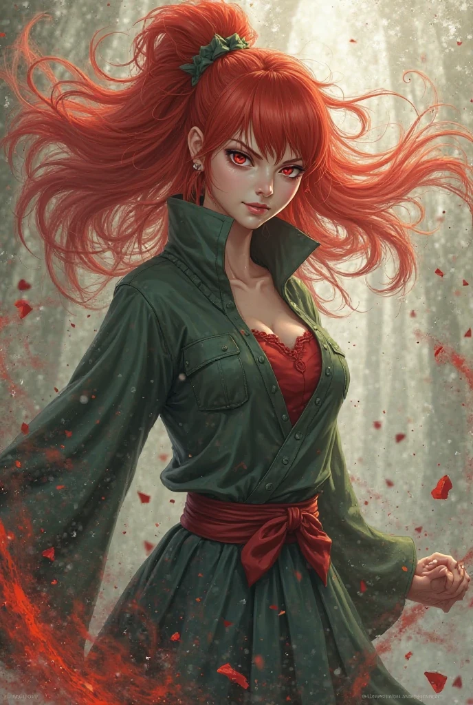 (masterpiece), best quality, expressive eyes, perfect face, highres, (female1.5), 1 girl, solo,(Tanjiro), (OriginalOutfit), (Scar,Scar on forehead, Checkered Clothes, 1Girl, Red Hair), (long red hair),(black and green plaid coat),(black pants), fantasy background, standing, upper body portrait, looking at the viewer,