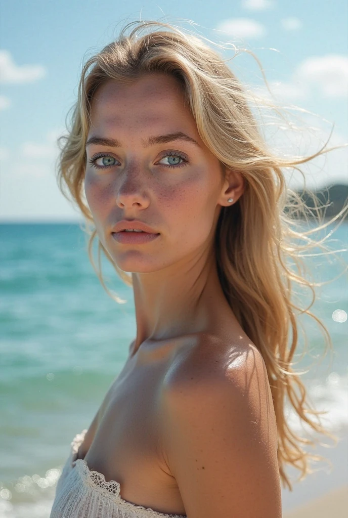 ((masterpiece, highest quality, Highest image quality, High resolution, photorealistic, Raw photo, 8K, detailed, realism, realistic, super detailed face, detailed face, details, entire body)) european girl, blonde girl, naked, adorable, cute, kawai, slender, natural lips,, at the beach, sunny, tiny breast, small ass