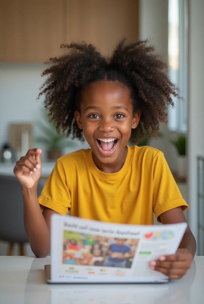 African girl, 7 years old, realistic picture, raising a blank white banner, smile, joy, realistic