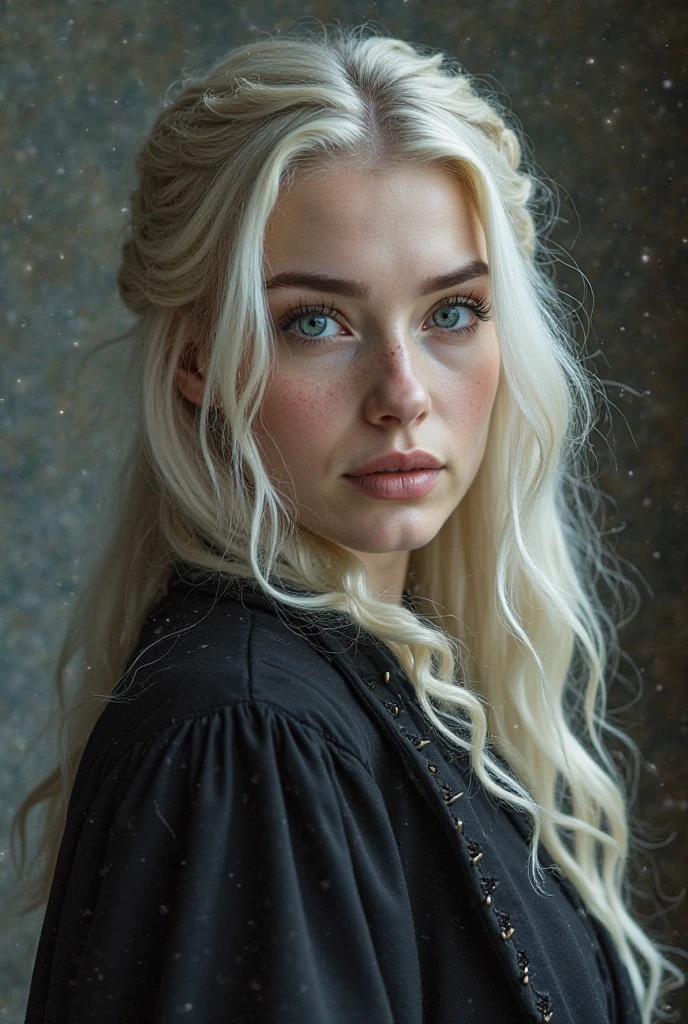 (close-up, editorial photograph of a 21 year old woman), (highly detailed face:1.4) (smile:0.7) (background inside dark, moody, private study:1.3) POV, by lee jeffries, nikon d850, film stock photograph ,4 kodak portra 400 ,camera f1.6 lens ,rich colors , redhead, hyper realistic ,lifelike texture, dramatic lighting , cinestill 800, wavy hair, messy hair, curls, smirk, malicious smile, platinum white hair, freckles, green eyes, white skin, wearing a see through cloak, night sky transparent cloak, transparent cloak, night sky cloak, a cloak made from the night sky