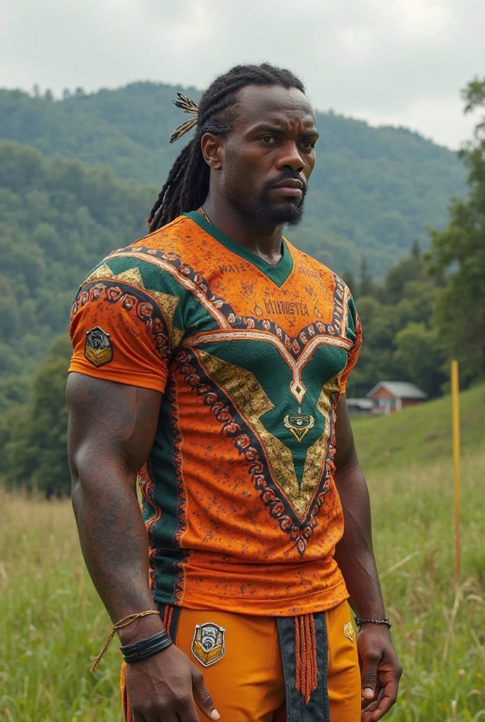 Create a rugby uniform inspired by a Maori-style leopard with the colors white, green, orange 
