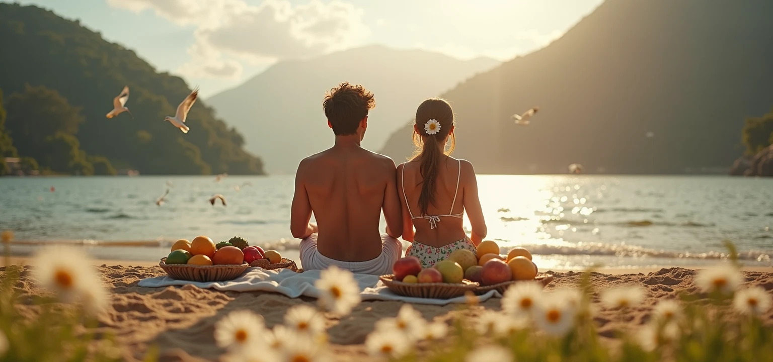 Best quality, masterpiece, Realistic photo, sea, sand beach, sunset, Man and woman on a picnic, wine, cheese, two touring bikes, summer.