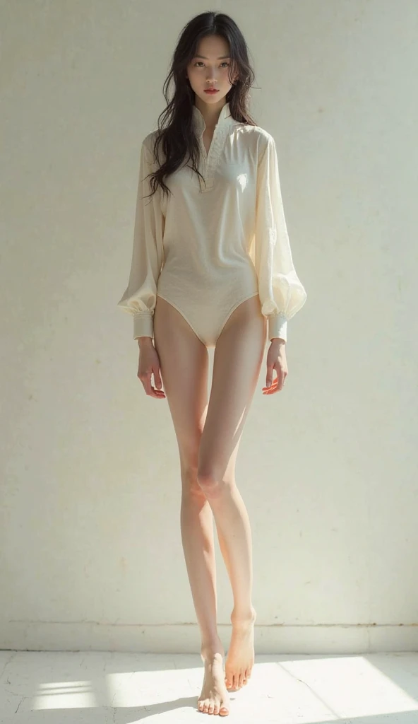 Japanese woman, long hair, brushing her hair back, beautiful face, short-sleeved white Y-shirt, bare legs, beautiful legs, tall, stiletto heels, model pose