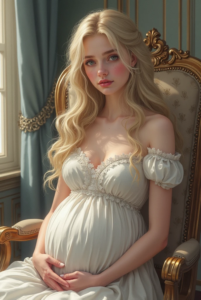 White Blonde hair, fluffy hair, stylish hair, long hair, lilac eyes, perfect eyes, beautiful, perfect face, tween, , short, kind, curvy, a flowing pale airy gown with ruffles along the bottom with tiny pink flowers and gold dragon embroideries with flowers, Her tiara had a pretty teal gemstones, silver necklace, noble class, royal, royalty, red castle, feasting hall, medieval, elegant surroundings, soft dewy makeup look, light peach blush, soft tan eyeshadow, light coral lipstick, cutesy, girlish, girly, guileless, ingénue, princess , whimsical lighting, Targaryen, dragons in the sky, photorealistic, pregnant, baby bump,