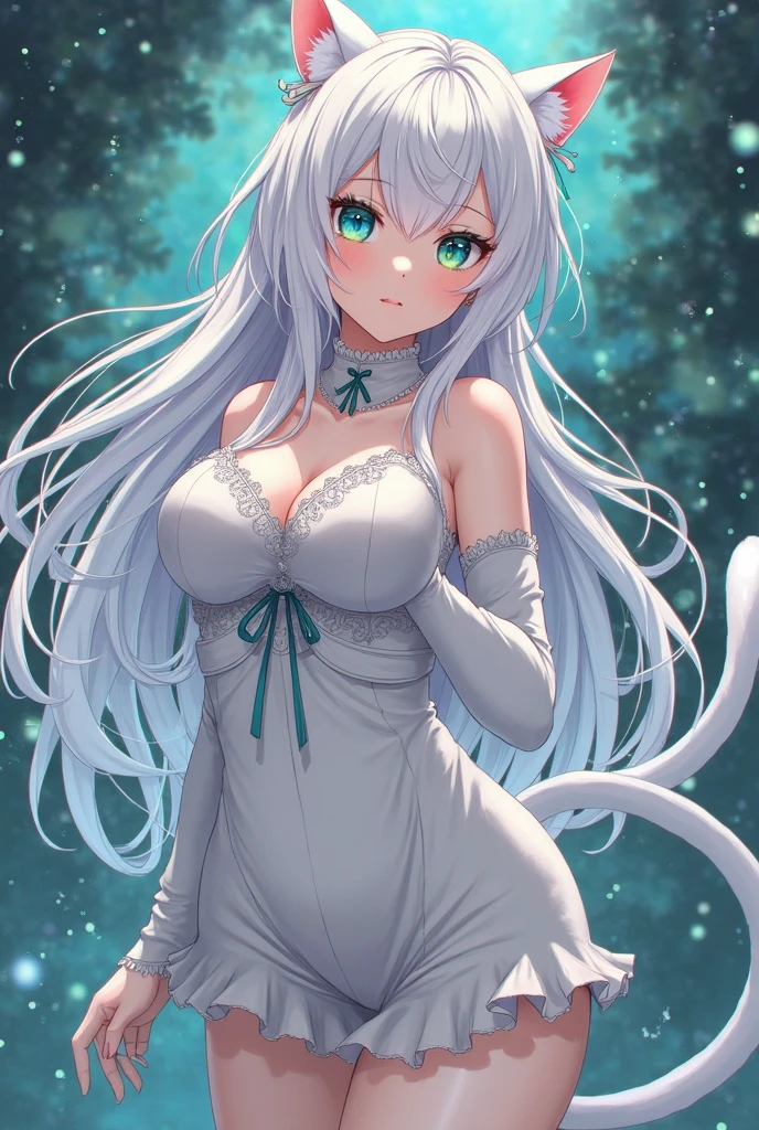 Naked, nude , medium natural breasts, silver hair, cat ears, two bell clips, purple eyes, fluffy silver tail, tight white dress, short dress, white sneakers, shy possing, open breast, nude boobs