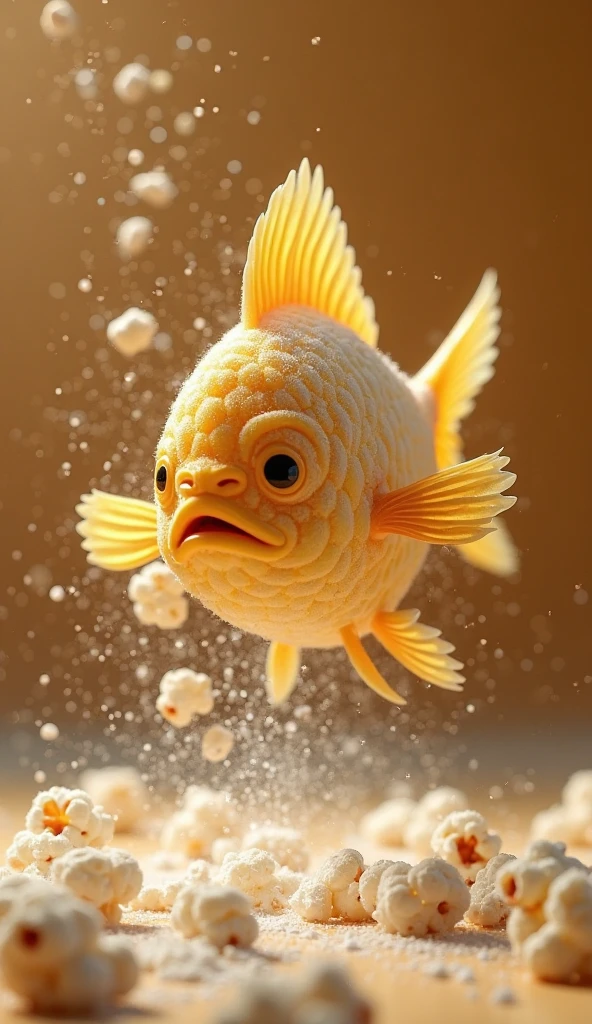 "A fish, swimming mid-air with buttery kernel scales, exploded popcorn pieces forming fins, and powdered salt drifting like bubbles around it, hyper-realistic 8K with warm food photography lighting."
