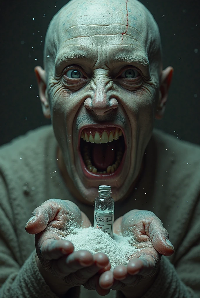 Malnourished man, close up, hunched over facing the side and reaching for a clear jar of bright blue Gummies. He appears desperate for them, his mouth open, and eyes wide, the backgound is a gym with weights, ultrarealistic, extreme detail,