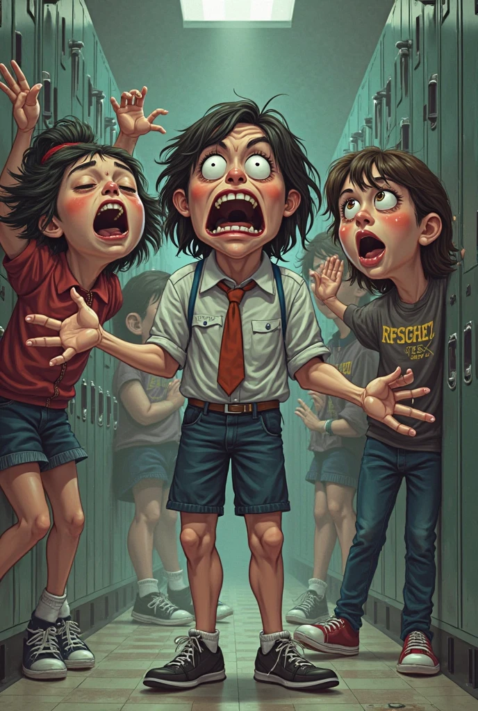 haunting horrifying true horror painting of three young boys in agony. the boys are shown in agony. the boys are sitting in a corner in fear. wide open book page. horror painting, horror. dark colours. scary eyes. disturbing faces. 4