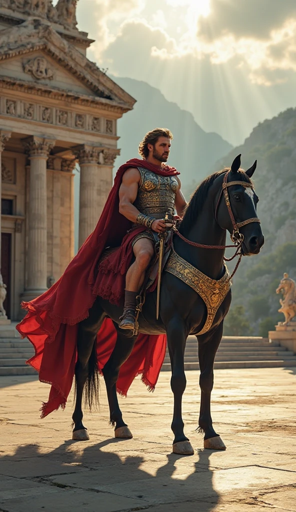 Very detailed, full color, full body photograph of a centaur..:1.2, standing, high, long brown hair, gauntlets, showing chest, ((hairy chest+)) raising a victorious arm, detailed muscular physique, Realistic representation, 4k resolution. below: greek temple, 32k UHD, Best Quality, masterpiece.