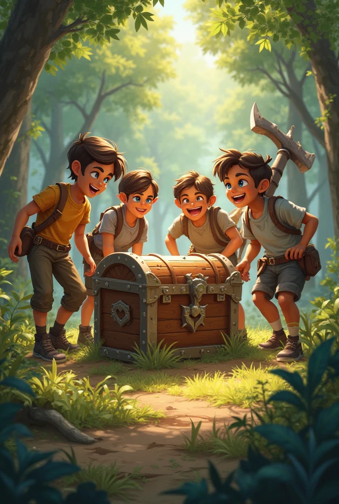 Boy Explorer,Adventurer、Treasure chest in background、Treasure in the background、Cool pose、smile