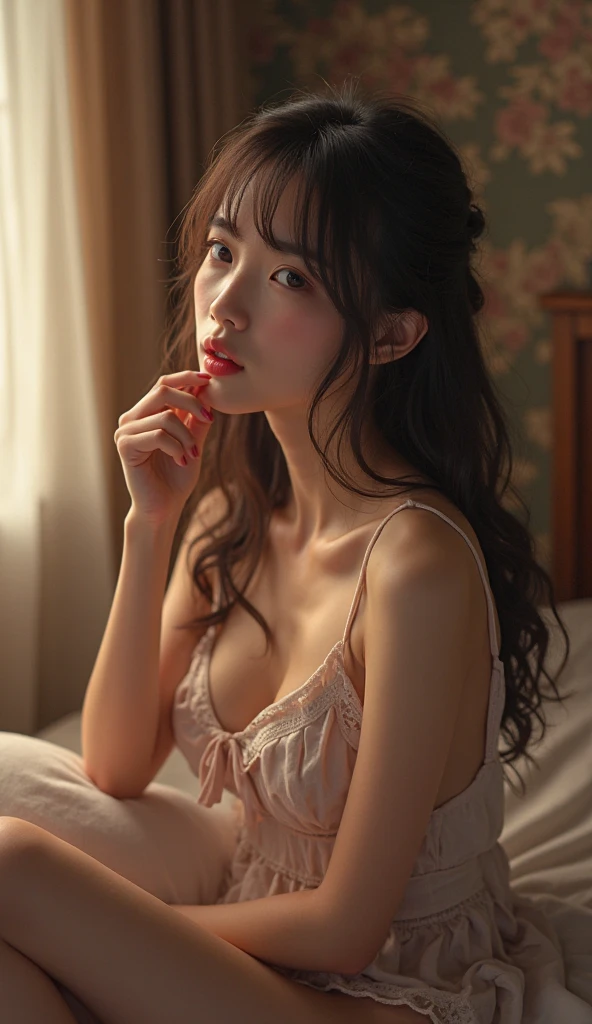 ulzzang -6500-v1.1, (Raw photo:1.2), (Photorealsitic), (See-through:1.3),  (Real: 1.4), negligee、light pink translucent silk nightgown、game_nffsw, Looking at Viewer, Maniacal, messy long hair, Beautiful detailed eyes,Hair glows,Dramatic Angle, Ethereal beautiful body, realistic skin textures、shinny skin、sitting on a bed、Hashinai Pose、