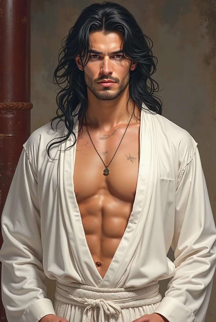 misaligned adult slim colombian man, long messy hair, charcoal black hair, deep red iris of the eyes, using a white towel to cover his parts,clear skin, shirtless