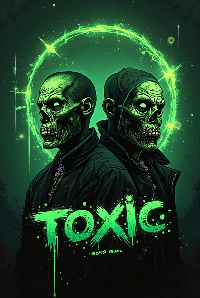 Create a logo for my music band, your name and "toxic" I want the purple and green color palette, remember it has to have the band name somewhere, purple graffiti letters. Suggestion a green skull Melting like acid with the name "toxic" below the skull try to make it more cartoonish in style