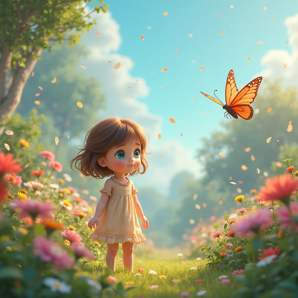 Close-up of a girl in a yellow dress, loose brown hair, with a red bow on her head and brown sandals, watching a blue butterfly with an expression of wonder and curiosity among the trees and colorful flowers, pink, abodes, orange and green.