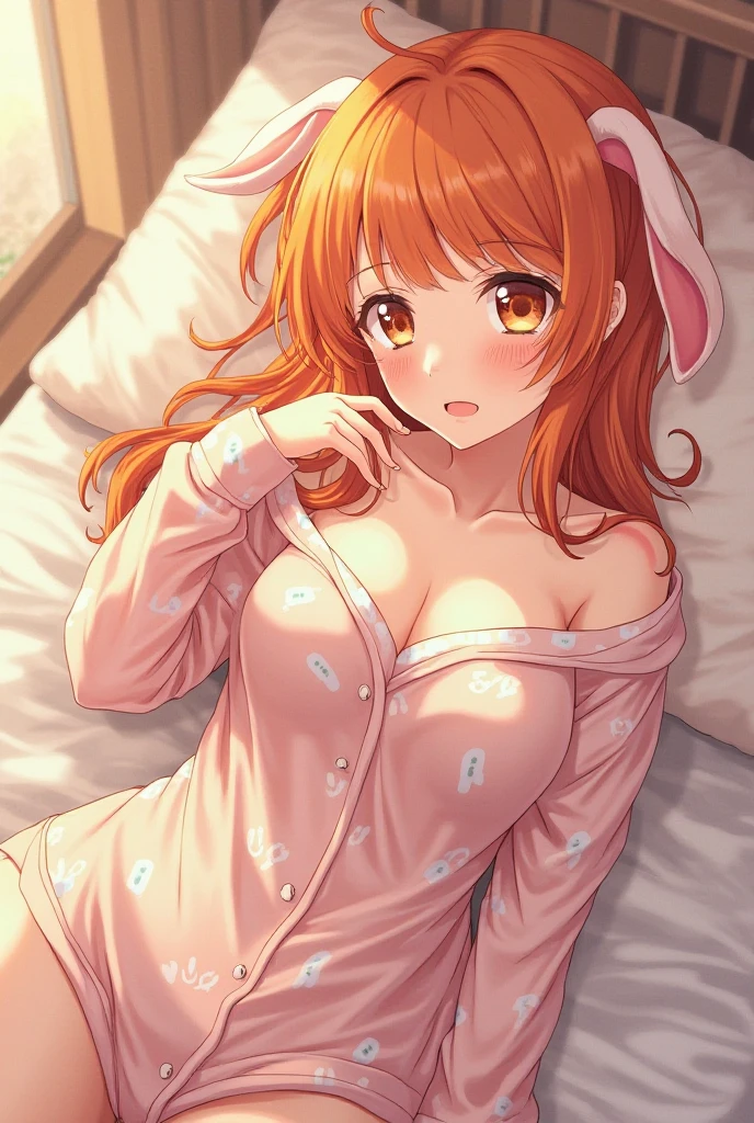 Orihime wearing Bunny costume on bed with big exposed breasts