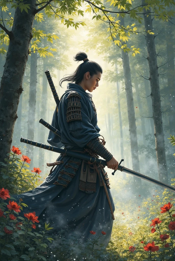 a lone ronin in bloody torn robe walking in the rain, bare feet, from behind, (long sword), wavy (tall grass:1.2), sunset, [messy hair], full body, dramatic, backlit, volumetric lighting, (highly detailed:1.2), painting, bloom <hypernet:LuisapAbstract_abstractVersion:0.5>