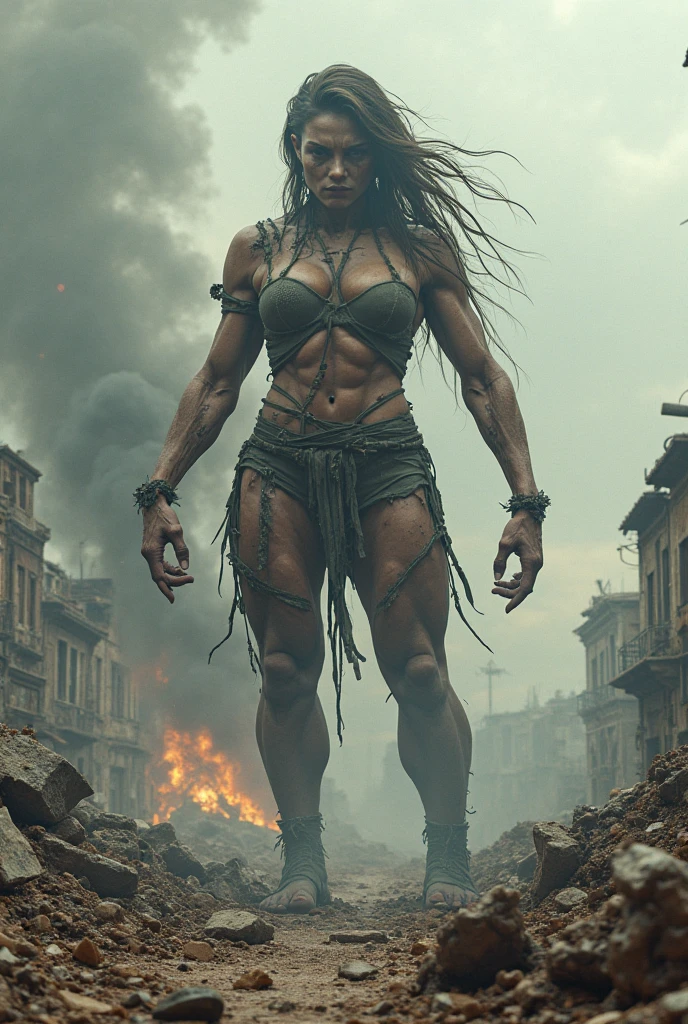 The woman is very tall and very strong. She easily defeats all 5 men. The men fainted on the ground. The woman knocks out some more men. One of the men is standing. The woman squeezes him by the throat.