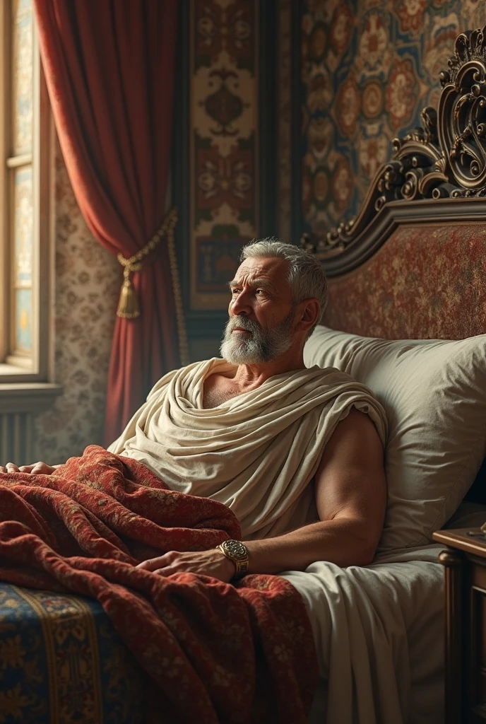 Create an illustration of a king in his fifties, naked., She is being massaged on her chest while lying on the bed.