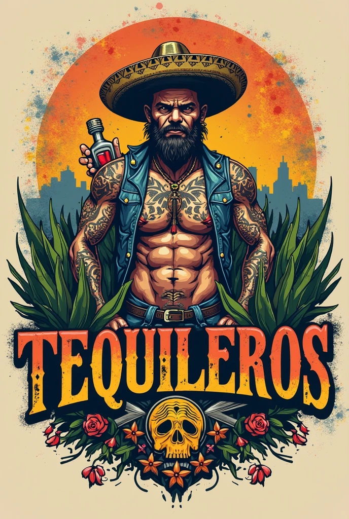 Create logo with the words "Mexican Power" and with black colors, green and purple in watercolor form with a Catrina and a Mexican wrestler