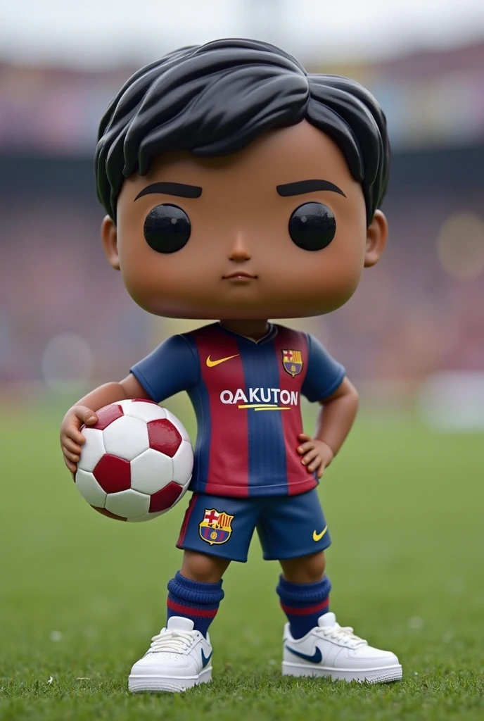 Create me a funko pop where a boy named Ouadi , in the box there is soccer and the logo of the football club Barcelona. The doll has straight hair . appears The boy must wear a Nike tech and Air Force 1 set of shoes. It has medium black eyes . In one hand he has a soccer ball with the logo of the football club Barcelona. The boy must be located on a soccer field