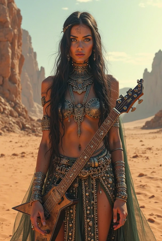 A woman kneels on an arid and barren landscape, her long hair blowing in the windswept envronment, she wears a crown of thorns and her hair exhibits a magical aura. Her expression is one of despair and worry. Her clothing evoke a feel of wealth and royalty, however with simple handmade jewelry. Disturbing, unnerving, creepy, unsettling, cloudy weather. Sublime rendering, extreme detailing, dynamic background, 32k maximalist, fantasy art, sharp lines, masterpiece