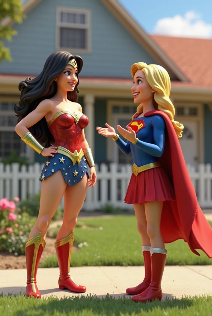 Wonder Woman with an excited face of pleasure leaning forward. In the background, Superman standing behind Wonder Woman holding her arms tightly, preventing him from going out on a picnic.