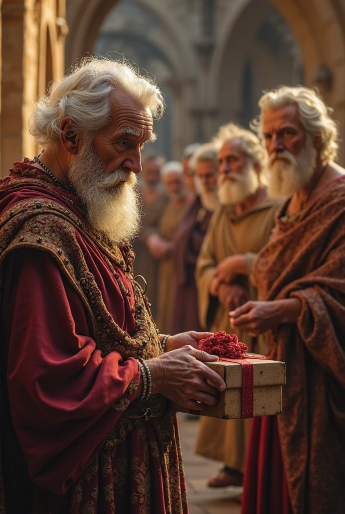 Two godly men and a goddess giving a big boxed Gift to a godly couple. The beautiful wife accepting it very happily . Behind her is the husband looking terrified. All a characters in Greek robes. Landscape- wildlife. 3D high quality realistic