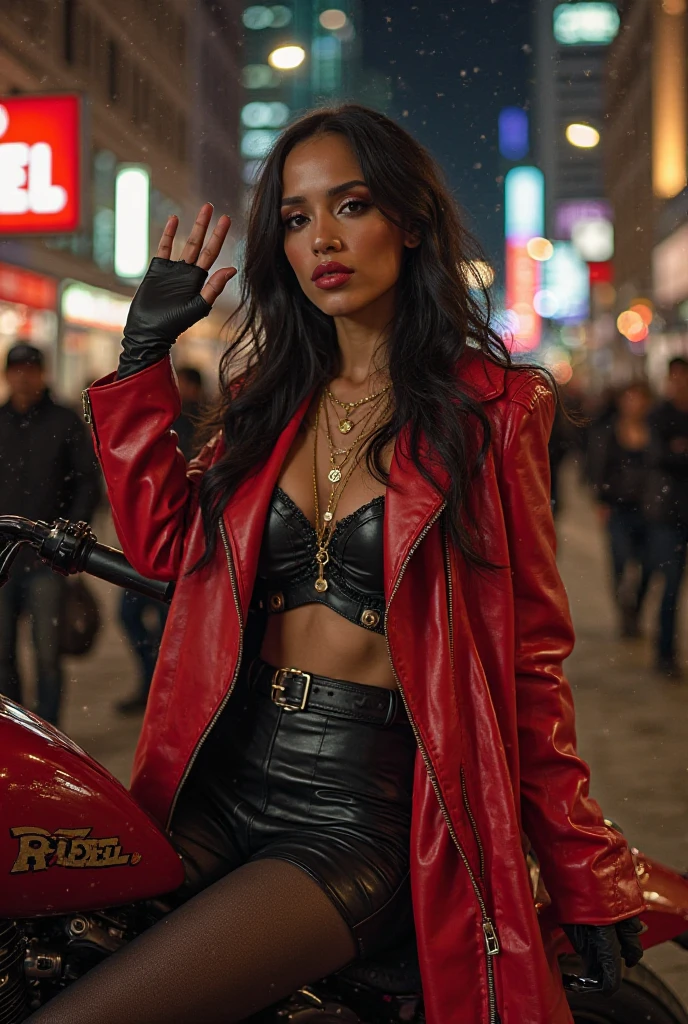 ((1girl, solo ,alone, long hair, black clothes, pink lipstick, Nico Robin, woman, (one piece) , dynamic pose,fitness, gold bracelets, ruby earrings)), ((solo, 1woman, pink lipstick, Extremely detailed, ambient soft lighting, 4k, perfect eyes, a perfect face, perfect lighting, a 1girl)), austere, ((blue bikini, leaning on the motorbike, motorcycle, avenue, city, skyscraper, leather boots, leather jacket, black jacket, clouds))