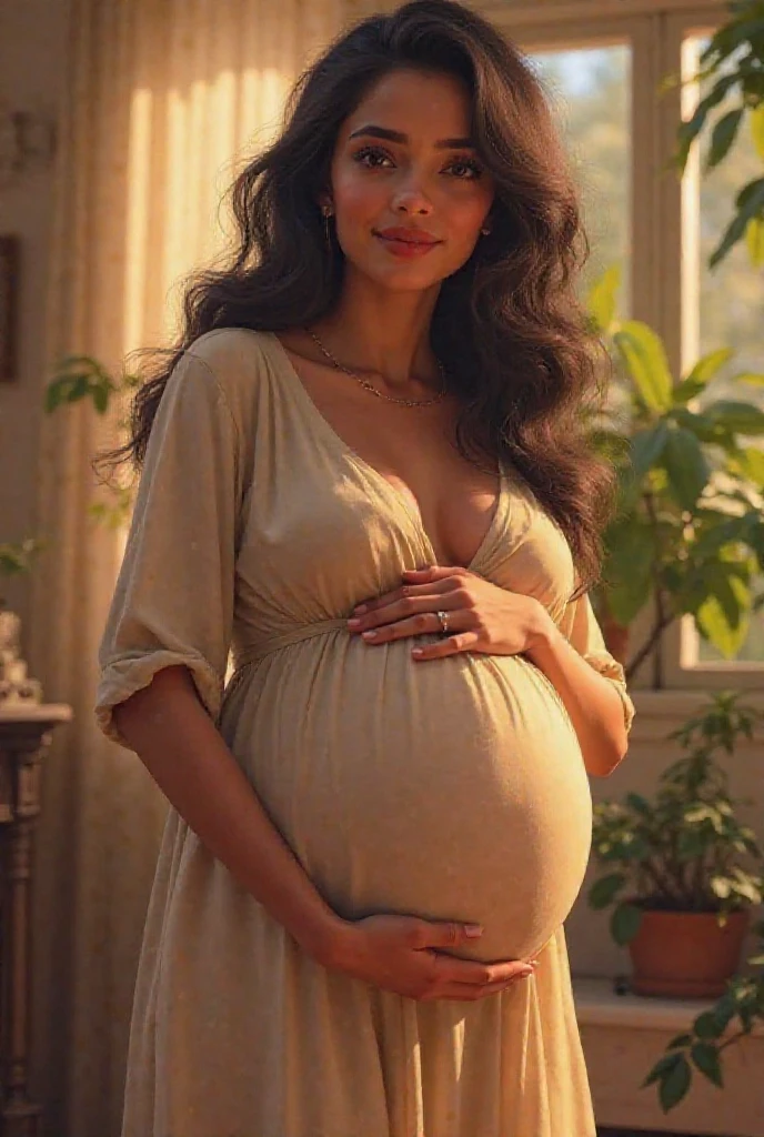 (photorealism:1.2), beautiful woman, wearing loose off-shoulder top, pajama pants, long curly hair, plants in background, relaxed pose, realistic, intricate details, warm colors, by Greg Rutkowski, by Alphonse Mucha pregnant