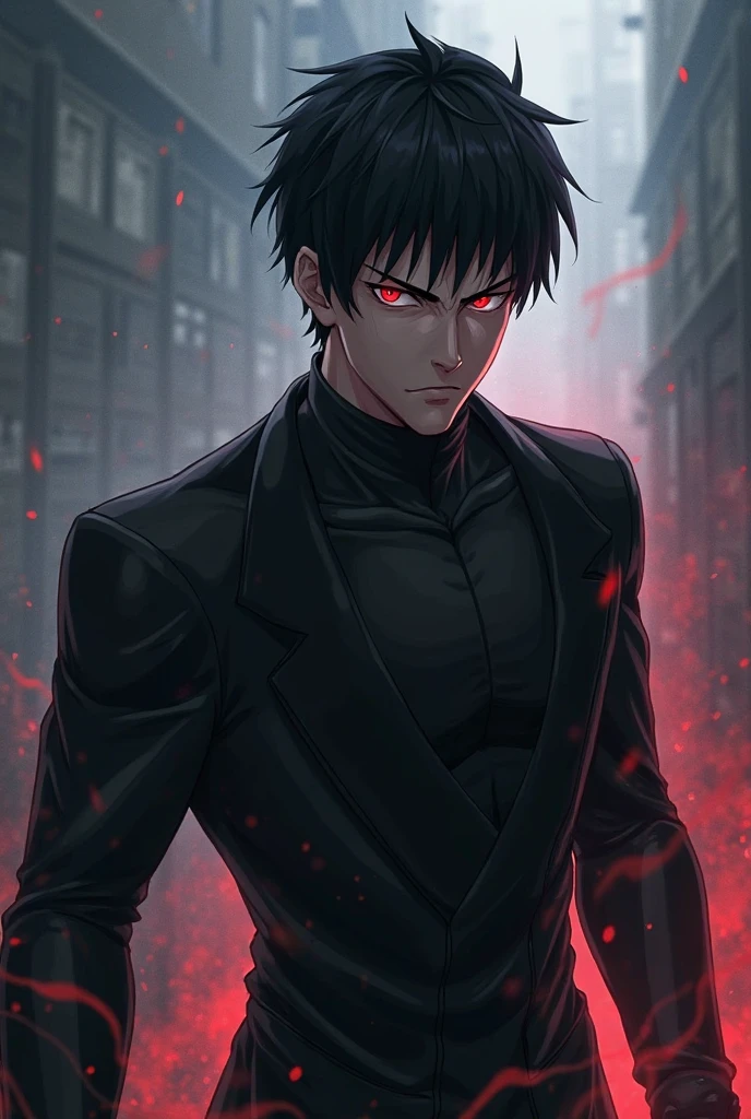 One, beautiful, 1 man, with a sporty body, V-shaped body, elegant black Britannia suit, red veins on the arm, bloody details, model hair, short hair, black hair, blood red eyes, neon eyes, red threads, black light