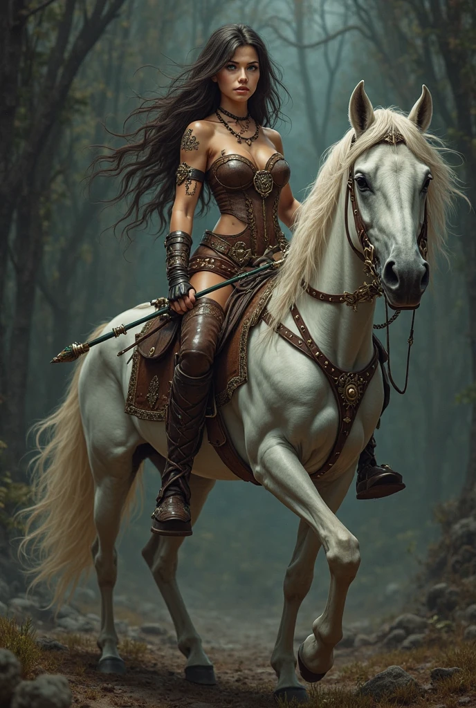 1 The Centaur Girl, four legs, leather bracelet, belt, collier, crystal heels, wearing medieval armor.
