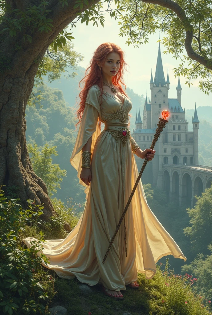 high details, best quality, 16k, [ultra detailed], masterpiece, best quality, (extremely detailed), full body, ultra wide shot, julie bell style (ultra details, Masterpiece, best quality), fantasy art, dnd art,fantasy art, realistic art, a sorceress casting a DruidMagicAI spell in magical library (ultra details, Masterpiece, best quality), exquisite beautiful human woman (ultra details, Masterpiece, best quality), red hair, long hair, (long red dress: 1.2), (white cloak: 1.3), high heeled boots (ultra details, Masterpiece, best quality) DruidMagicAI