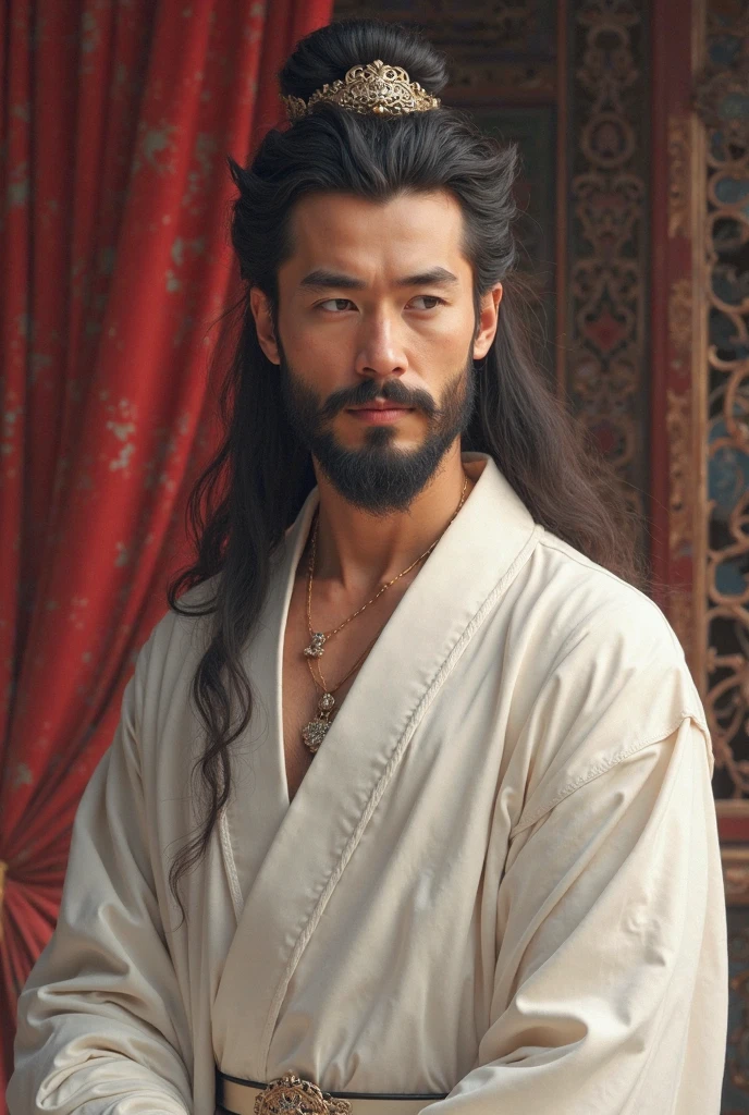 vue de loin illustration numérique jeune homme d'une vingtaine d'année empereur de chine cité impériale de l'époque, visage doux aucune barbe, cheveux long noir cascade sur les épaules sans accessoire, tenue pyjama blanc immaculé  fond d'image devant un lit impériale