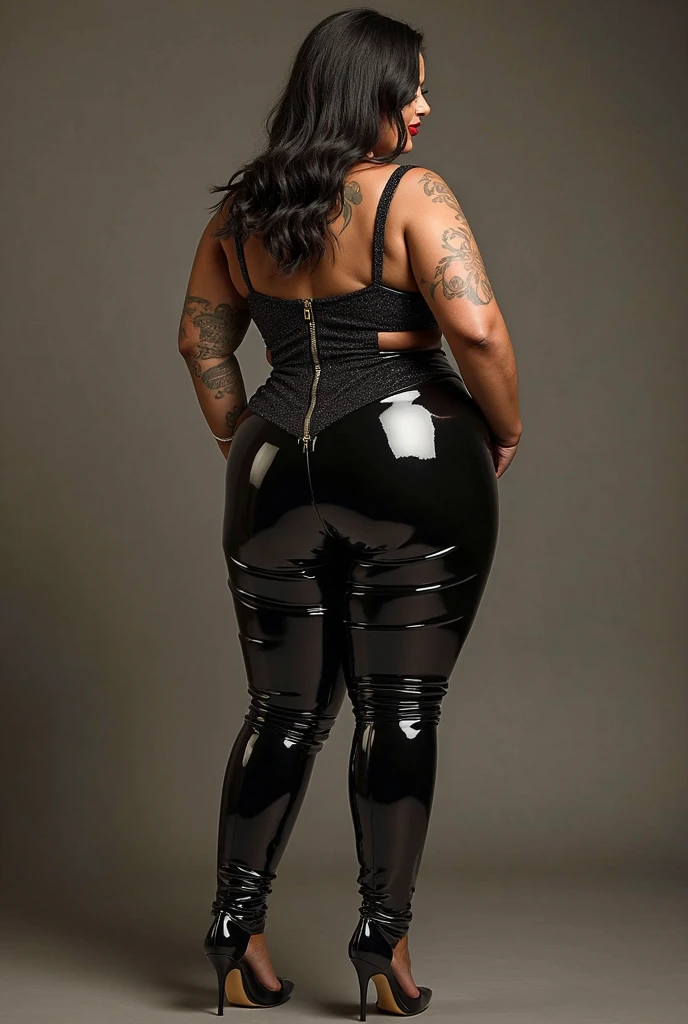 (((Super Obese: 1.5))), (((Super Curvy: 1.5))), (((Super Voluptuous: 1.5))),"She is the strongest demon with enough power to destroy the world, and her appearance exudes an overwhelming presence. Her body is incredibly voluptuous, and is characterized by her super curvy, super plump body. Her sensual curves stand out and overwhelm anyone who sees her.
Huge grotesque horns grow from her head, symbolizing the power of darkness. These horns are sharp and intimidating, yet also beautiful and terrifying. Huge demonic wings spread from her back, and their black flapping wings seem to cover the night sky. The wings are powerful, as if to speak of her overwhelming power.
In addition, a tail, symbolizing a high-ranking demon, extends from her waist. The tail is flexible like a snake, but has a pointed tip. The tip of her tail is fitted with a sharp blade, giving her an aggressive look. This tail is linked to her emotions, and can express anger or joy.
Her eyes shine crimson, with a sharp gaze that pierces the heart of the viewer. Her skin is dyed jet black, and the red tattoos that stand out on it emphasize her dignity as a demon. The aura that emanates from her entire body is cold, and she is so cold that it freezes anyone who approaches.
Her outfit is made of black leather, and the design fits her body to accentuate the curves of her body. Metal decorations are adorned around her chest and waist, giving her a powerful and beautiful look. Her overall style is elegant, yet combative.
Her appearance as the strongest demon is a fusion of beauty and terror, and will leave a strong impression on the viewer.