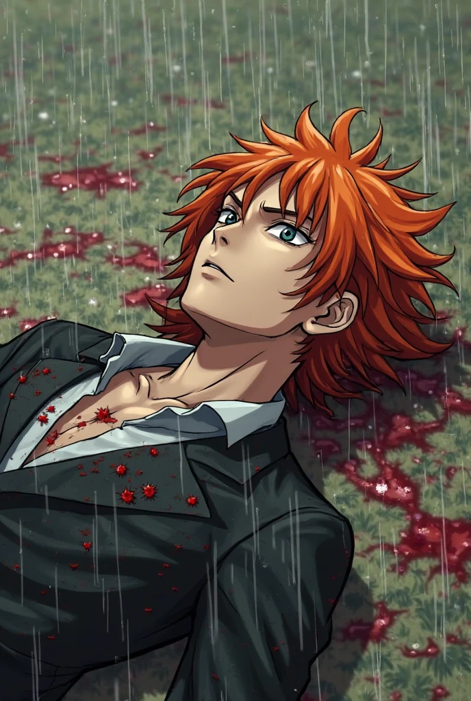 A boy, orange hair, eyes green, bruised on the ground, suicide, blood, anime, war, chaos, anime version, eyes closed, dead, blood on the floor and clothing, cartoon, detailed, dark lighting, just one person, blood on the floor