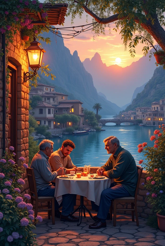 A Small Village By The River Mountains In The Background Floral a-small-village-by-the-river-mountains-in-the-background-floral
