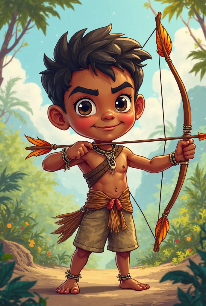 make a cartoon indigenous boy pointing his bow firmly and confidently