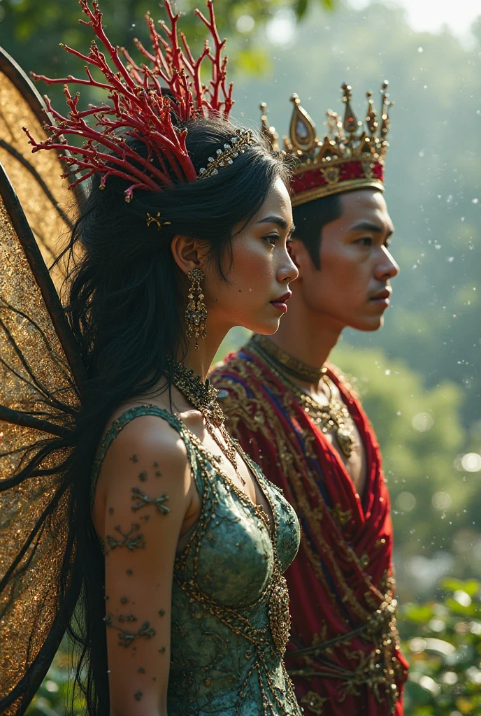 A fairywoman , And Elfa , king, with super large black hair with red twigs,  with large and shiny wings , wearing a beautiful red gold and diamond crown, And a beautiful landscape background 