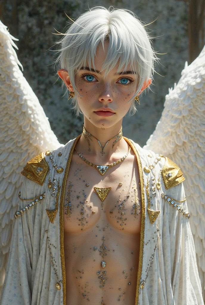 Androgynous moth with a flat chest, white fur on her body, muscular, furry wrists, furry choker, short white curly hair, has abs, has moth antennae, solo, alone, wearing flowing silk clothing, flat chested