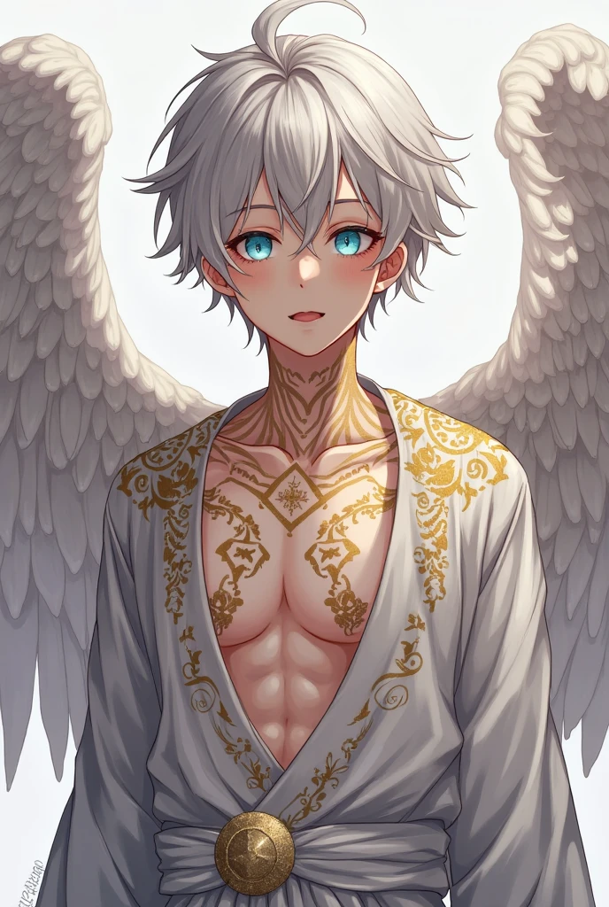 (masterpiece, top quality, best quality, official art, beautiful and aesthetic:1.2), woman nsfw extremely detailed, fractal art, colorful, highest detailed, zentangle, (abstract background:1.3), fidus style, (1boy:1.5), (golden birds), silver hair, bright eyes, hair slicked back, short hair, black robe, upper body, detailed eyes