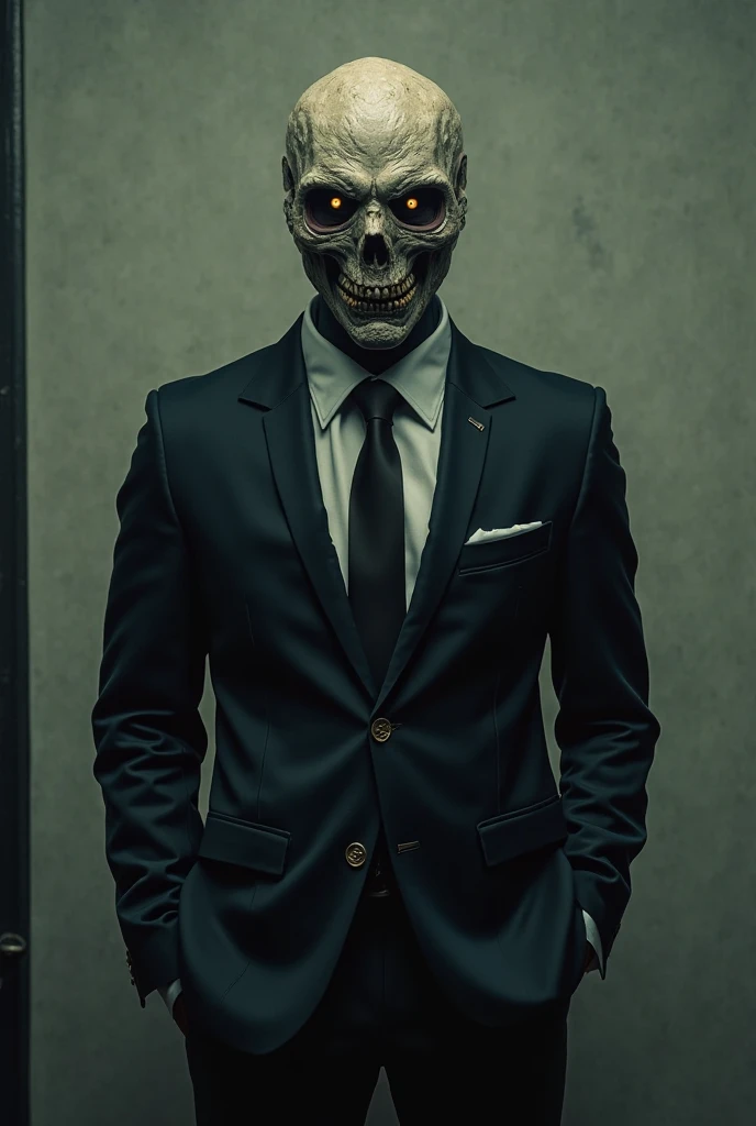 A dark god in a red suit, he has a left skeletal arm, his eyes black and dark, his tie black as night, his head white skull