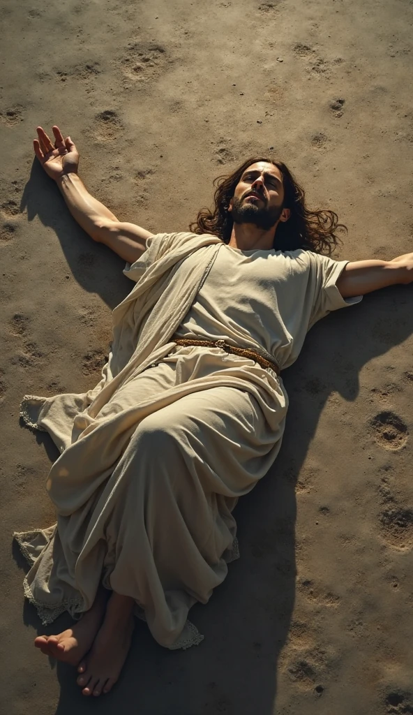 generate me a hyper realistic 4K ultra HD image, of a dead person and a little blood is coming out of the mouth, with dirt in the background and the dead person wearing clothing that has a brown tunic that reaches to the knees with a white short-sleeved shirt that reaches to the knees and leather sandals as footwear.. that you can see from the middle of the body to the face and that the eyes are open