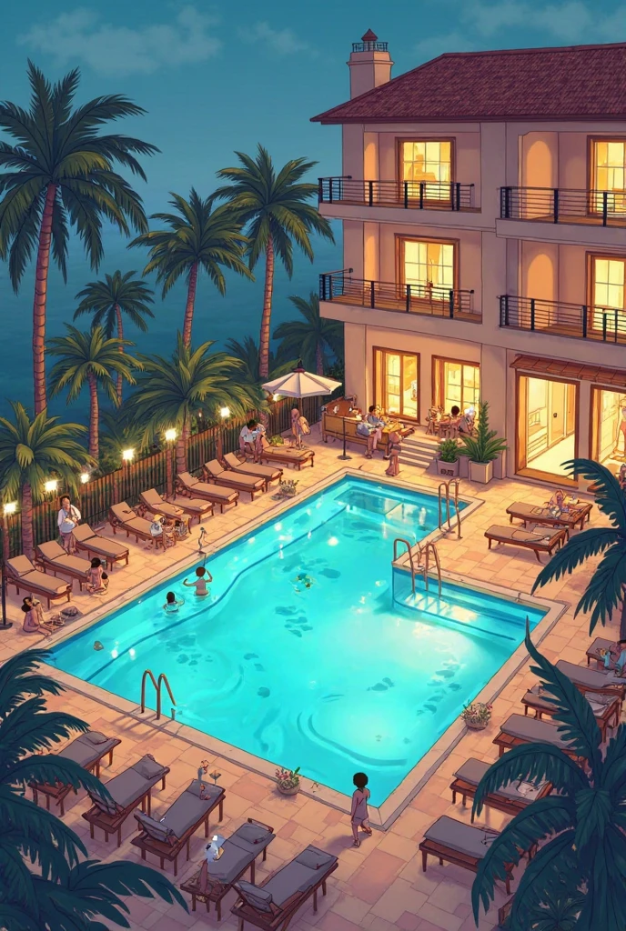 (Pool parties, people), The pool is under the starry sky, with the surface of the pool reflecting starlight. People enjoy the tranquility of the night in the pool, with small lights floating like stars. The whole is full of romance and mystery, full body, (Photography), panoramic view, award-winning, cinematic still, emotional, vignette, dynamic, vivid, (masterpiece, best quality, Professional, perfect composition, very aesthetic, absurdres, ultra-detailed, intricate details:1.3)
