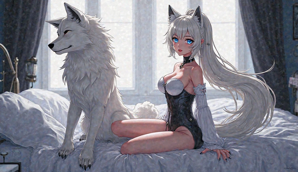 16K resolution, White tiger anthropomorphism,femele,Wear a white princess outfit and white stockings,White color hair,Gorgeous blue-purple eyes court background,