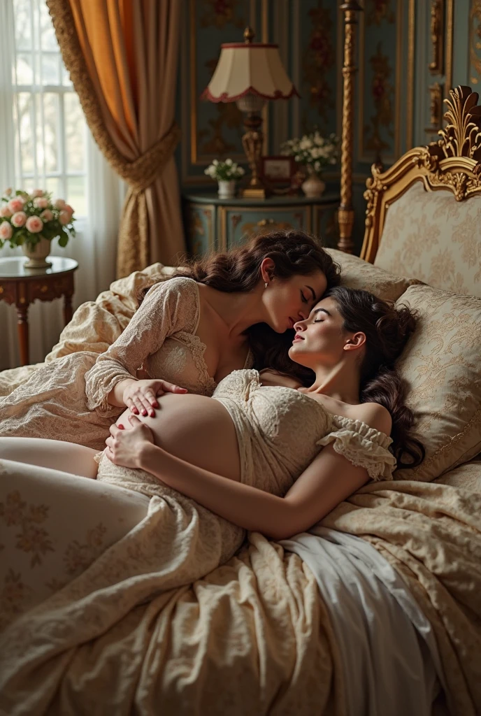 highest quality, masterpiece, highest resolution, artwork, super それにget used to it, many get used to it, get used to it, それにget used to it, romantic, two woman, pregnant woman, sitting and kissing,((red satin elegant dresses)),red satin evening dresses, ((Gorgeous queen rococo robe satin dress with voluminous full-length hoop skirt)),long sleeve,long dress,A dress with full silk fabric...,luxury,((Palace full red bedroom)),((huge satin bed)),Frilled silk red bedspread,many pillows on the bed,fluffy pillow with frills,two woman is kissing on the bed,luxurious ruffled red curtains