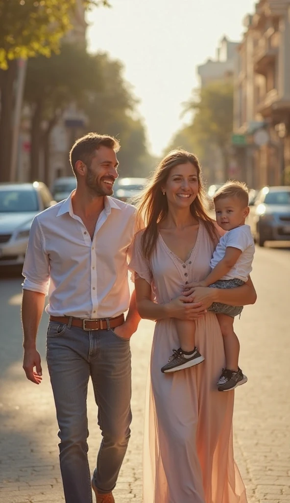 Create a realistic image with cars, that contains a modern father smiling, holding hands with teenage daughter and little son smiling and happy with car scenery