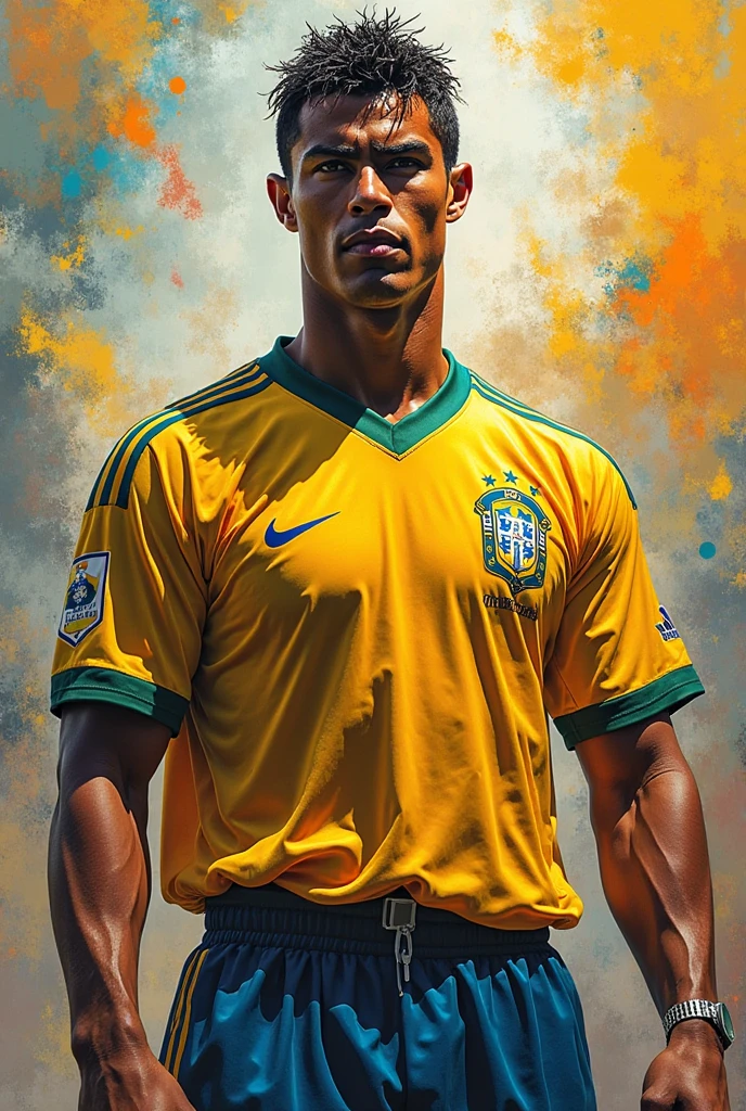 Cristiano Ronaldo, with backpack, Brazil shirt, Pixa style.