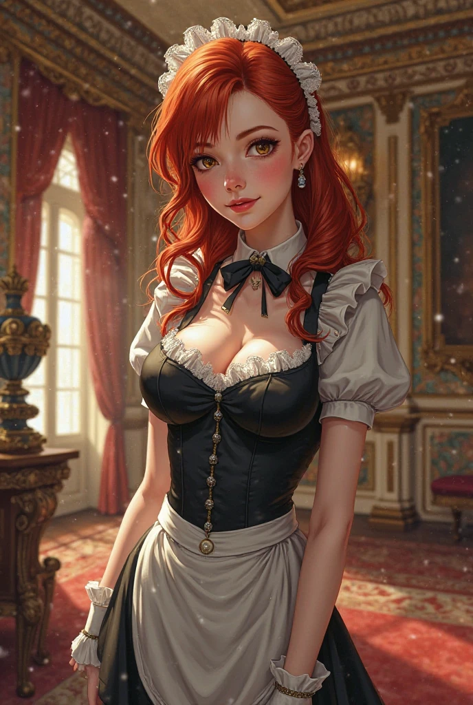 Young Scandinavian woman, Cute Face, Fascinating, highest quality, masterpiece, Translucent summer dress, Golden Hour, Detailed Texture, Long braided hair, Pause, カジュアルなPause, Wooden cottage, interior, [blush], beautiful, complicated, Caustics, light, sunlight, (((Soft lips))), (((Glossy lips))), Very detailed, (Semi-realistic:1.2), Niroudef, Redhead、Sexy proportions、